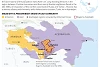 Térképen a harcok színhelye: Sárga színnel jelölve: Örményország Lila: Azerbajdzsán Vörös sávval jelölve: az örmény erők által elfoglalt azeri terület Vörös vonal jelzi Hegyi-Karabah határát (Reuters)